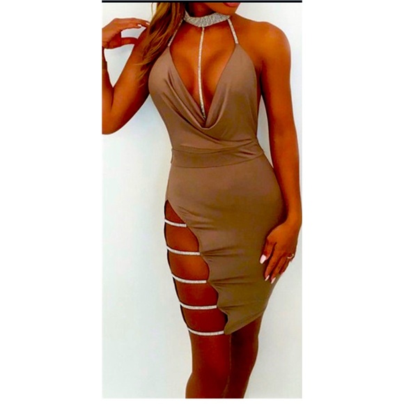 Women’s Brown Open Back Bling Cowl Dress Sz S